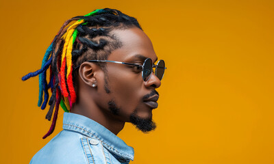 Stylish Man with Colorful Dreadlocks Posing, Urban Cool Fashion, on yellow background