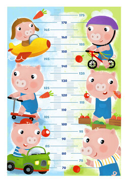 cartoon scene with height measurement for kids with happy play scene with some animals friends happy togehter illustration for children