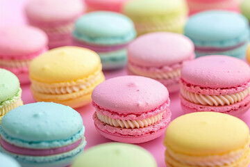Fototapeta na wymiar Assorted colorful macarons neatly arranged on a pastel pink surface.