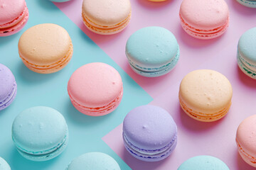 Obraz premium Assortment of colorful macarons arranged on a two-toned pastel background.