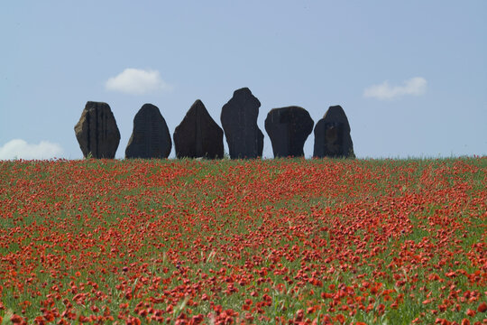  landscape with field of poppies clouds and sky with sculptures by sciola. Ozieri, Sardinia Italy