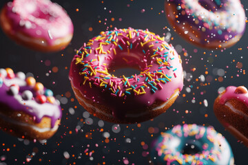 Colorful donuts with vibrant sprinkles suspended in the air.