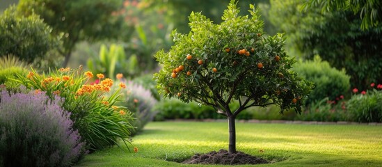 A beautiful small orange tree stands in the middle of a lush garden, creating a delightful sight in a vibrant setting.