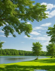a green field with trees on both sides and a lake in the middle