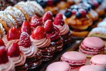 A variety of elegant pastries topped with fresh berries.