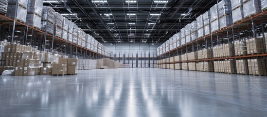 This photo showcases the vastness of a busy warehouse as it is filled with numerous boxes stacked from floor to ceiling. - obrazy, fototapety, plakaty