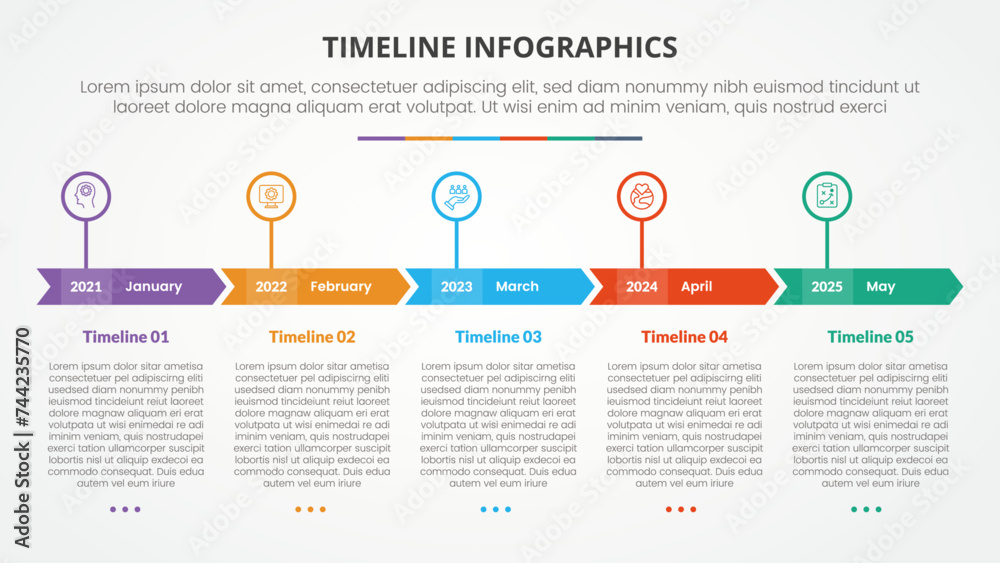 Aufkleber timeline milestone infographic concept with arrow block header and outline circle for slide presenta