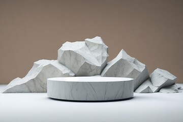 Natural stone podium mock-up for cosmetics, products, perfumes or jewelry. Minimal still beige...