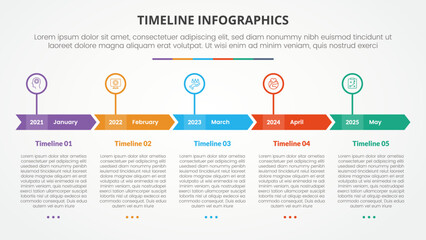 timeline milestone infographic concept with arrow block header and outline circle for slide presentation with 5 point list