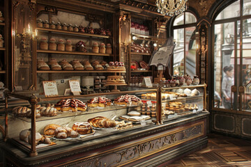 Classic pastry shop counter filled with various bread and cakes.