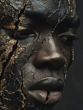A close-up of a womans face adorned with intricate gold paint, showcasing a blend of beauty and artistry.