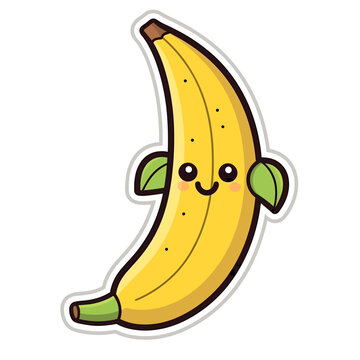 Vector illustration of a cheerful cartoon banana character with two bright green leaves on its face