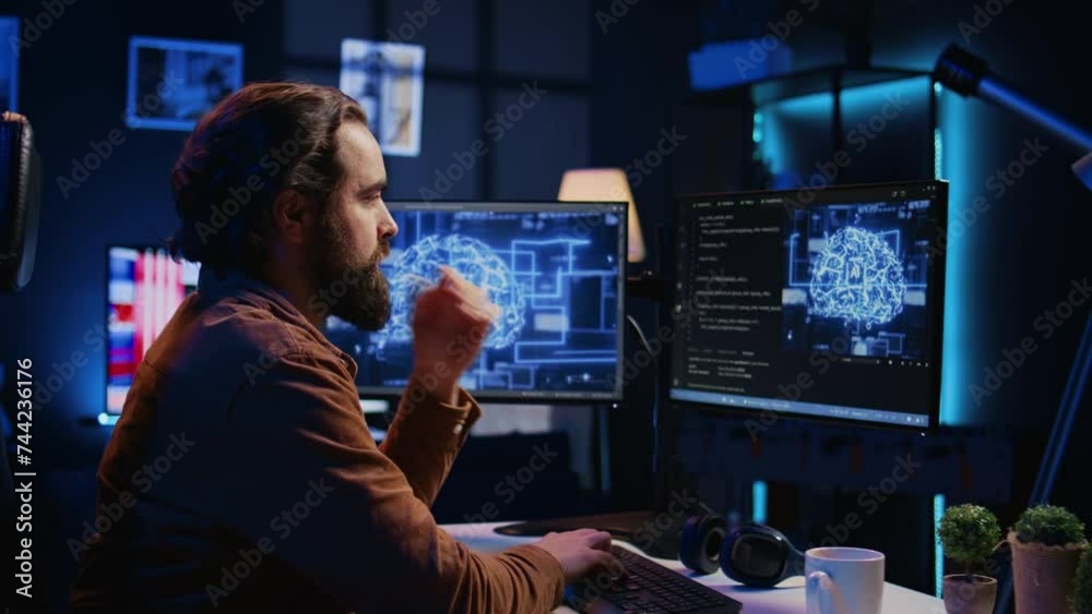 Poster computer scientist updating artificial intelligence neural networks, drinking coffee and writing cod