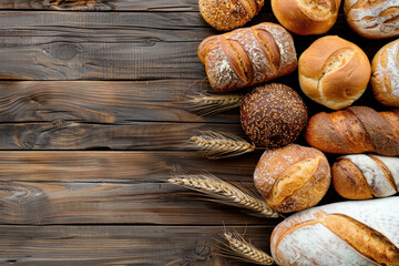 Various freshly baked bread loaves and rolls on a rustic wood table.