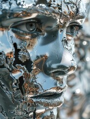 Detailed view of a metal statue featuring a face, showcasing intricate craftsmanship and design.