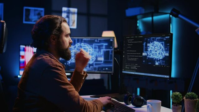 Computer scientist updating artificial intelligence neural networks, drinking coffee and writing code scripts in personal office. IT expert enjoying hot beverage while running AI simulations, camera B