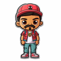 Fototapeta premium Vector illustration of a sticker featuring a cartoon man with a mustache wearing a red cap and jeans