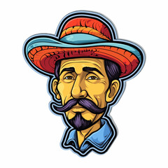 Vector illustration of a sticker featuring an adult male with a brown hat and mustache