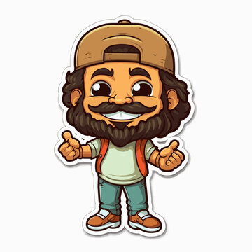 Vector illustration of a sticker featuring a bearded man wearing a hat and sporting a full mustache
