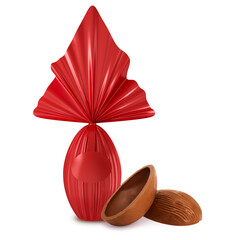 Red easter egg with chocolate half in metallic packaging in 3d render isolated transparent background