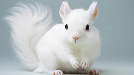 white squirrel in full - body pose on blue background showing ears and paws