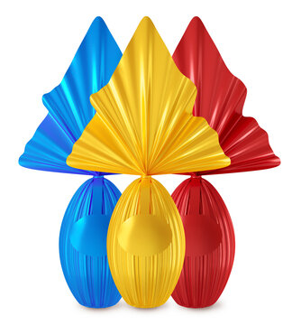 Three blue yellow and red easter eggs in metallic packaging in 3d render