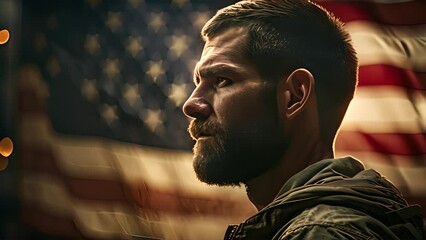 Veteran man standing proudly in front of American flag, symbolizing patriotism and national pride
