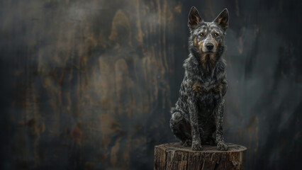 Studio Portrait of a purebred Blue Heeler dog sitting on a tree stump. - obrazy, fototapety, plakaty