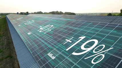 Solar panels rooftop display power levels, harnessing energy sustainability in the USA. 3D render graphic of percentages and charts. Aerial