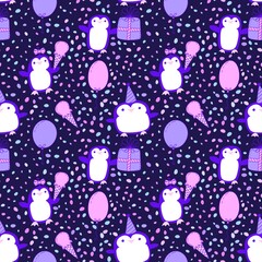 Birthday party animals seamless penguin pattern for wrapping paper and fabrics and kids print and summer print