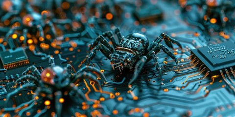 Small cyber-viruses or bugs are nibbling away at the computer microchip. Viruses on PC. AI generative.
