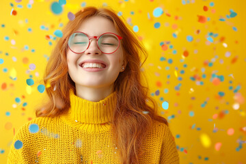 Party woman with confetti, portrait of a young woman with glasses and beautiful smile on a yellow background with copy space