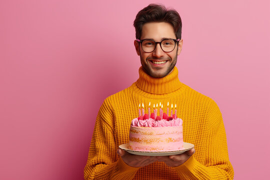 Holding birthday cake, young man with glasses and smile celebrating his party with a sweet strawberry dessert and candles sparklers for copy space