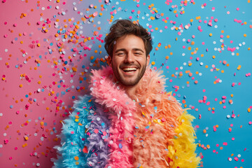 Party man with confetti, happy birthday boy with colorful feather boas on blue and pink background with copy space