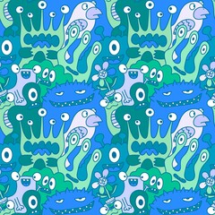 Cartoon monsters seamless funny aliens and rabbit and cactus and flower pattern for wrapping paper and linens