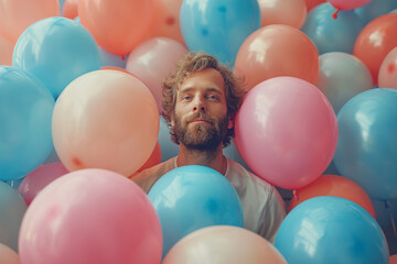 Fototapeta na wymiar Balloon party, birthday man hiding behind colorful balloons for copy space