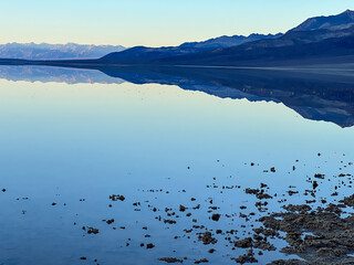 Scenic view of Lake Manly (Badwater Basin) in Death Valley at sunset.