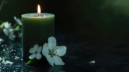 green candles and flowers with copy space 