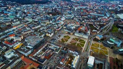 Aerial view around the downtown area of the city Kassel in Hessen, Germany on a cloudy day in late...