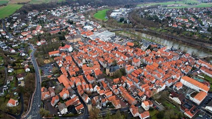 Aerial view around the old town of the city Melsungen in Hessen Germany on a sunny day in late winter