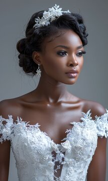 Beautiful bride, young black girl in a white wedding dress, wife, woman model appearance