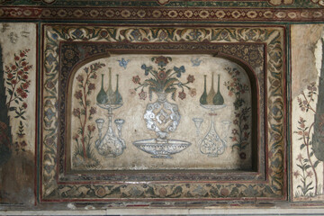 Agra, Uttar Pradesh / India - February 27, 2012 : An inlaid work of color stone on white marble at Itimad-Ud-Daulah in Agra.
