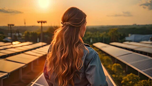 Engineer woman standing in front of a row of solar panels, inspecting the renewable energy source