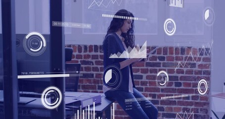 Animation of financial data processing over caucasian businesswoman in office - Powered by Adobe