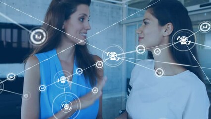 Animation of network of connections with globe icons over diverse women talking - Powered by Adobe