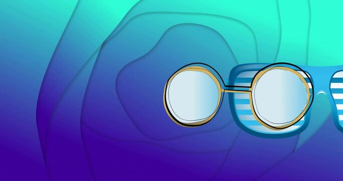 Animation of changing spectacles and sunglasses over blue abstract liquid background