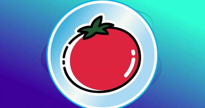 Animation of red tomato over blue liquid background