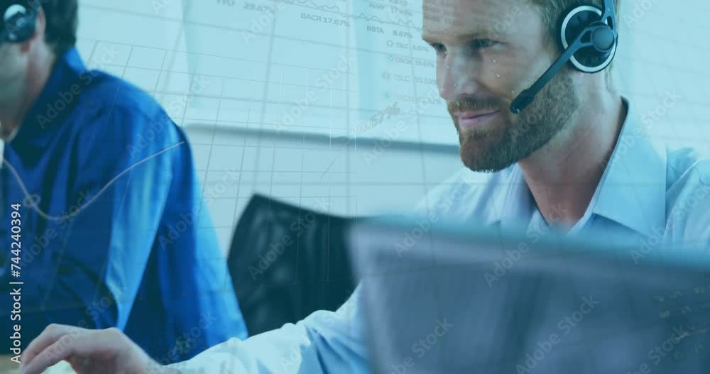 Poster animation of data on graph processing over caucasian businessman wearing headset using computer