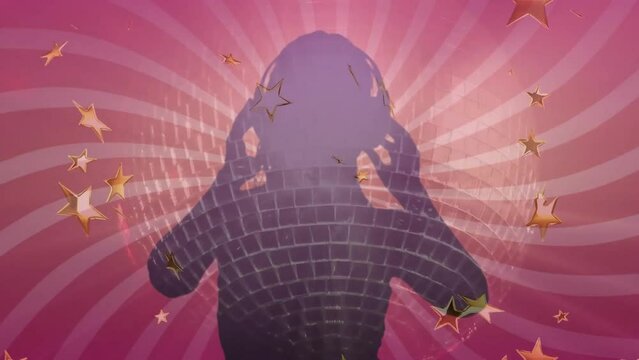 Animation of woman in headphones dancing over mirror ball and gold stars on pink stripes