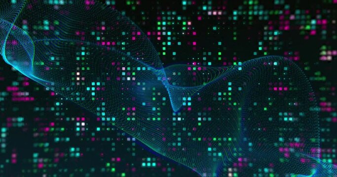 Animation of network waves over colourful twinkling light wall on dark background